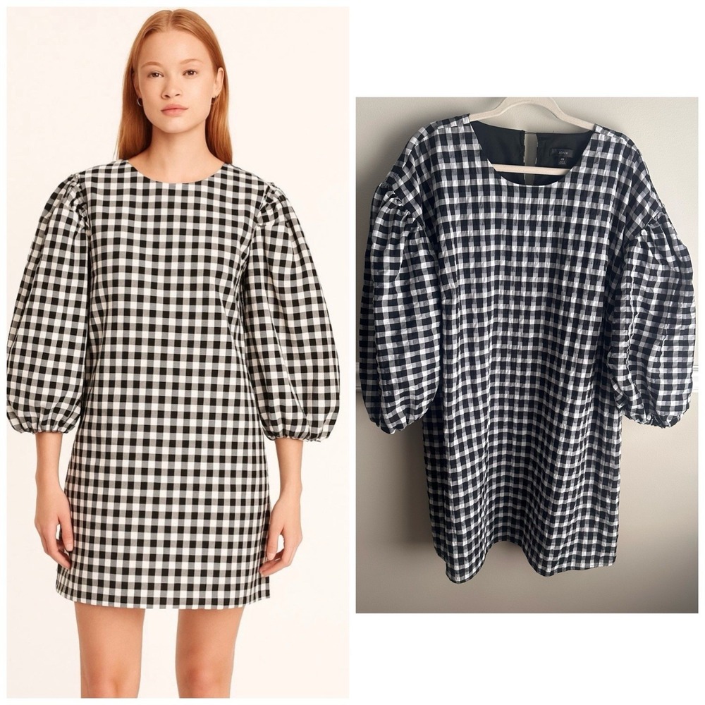 J Crew Puff-Sleeve Mini Shift Dress Textured Plaid Black White 2x Party Office